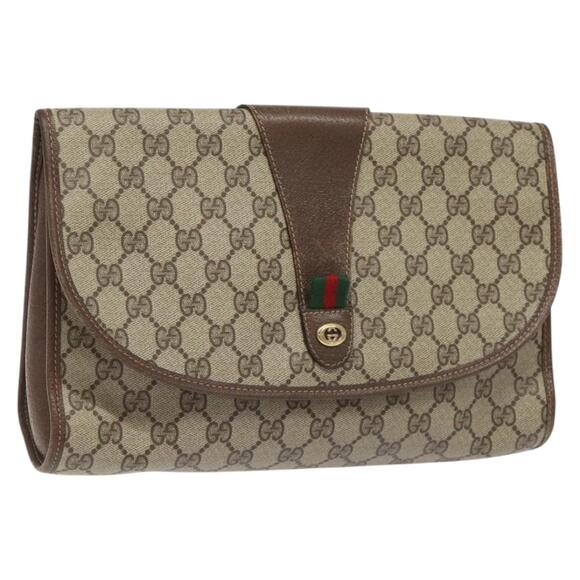 GUCCI GG Supreme Web Sherry Line Clutch Bag Pvc Beige Red 156 01 031 - Picture 1 of 16